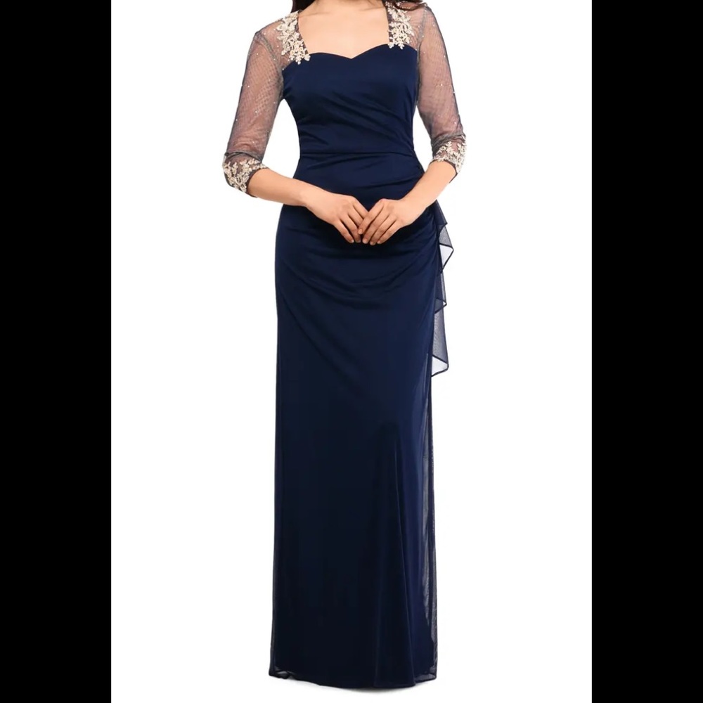 Xscape Embellished Illusion Sleeve Ruched Gown 4P
